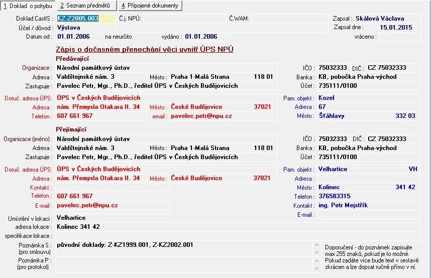 Tisk katalogu z PE Jako nový doklad ke smlouvě o pohybu lze vytisknout katalogové listy s předměty smlouvy.
