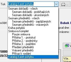 Na obrázku je ukázáno jak vybrat tisk katalogu. Dále se zobrazí s funkcemi ovládání katalogu včetně jeho tisku. 9.1.