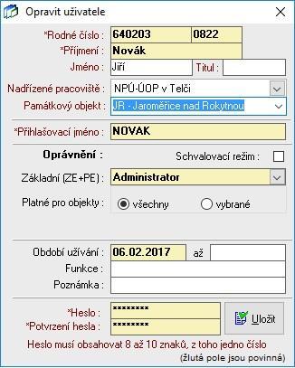 4.3.1.1 Nový uživatel / upravit uživatele Uživatel je jednoznačně identifikován podle rodného čísla. Pokud nelze zadat rodné číslo, lze zadat jiné číslo tohoto formátu.