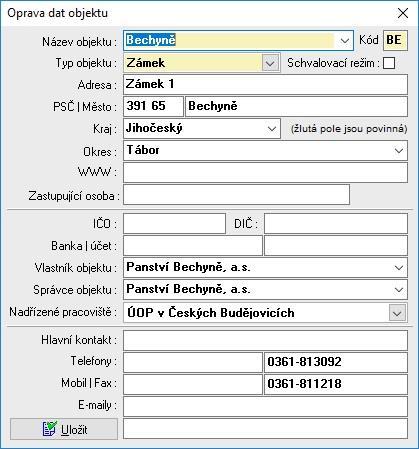 Dále lze objekty filtrovat podle počátečního písmene (filtr vlevo). 4.3.2.2 Nový objekt / Upravit objekt Založení nového nebo úpravu existujícího objektu.