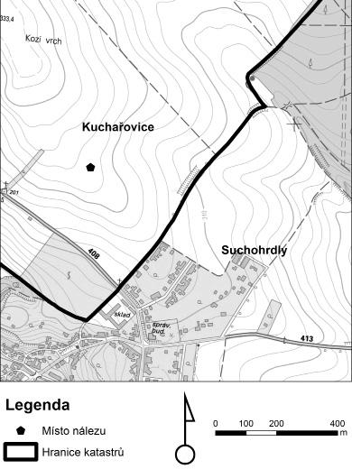Zprávy o výzkumech za rok 2012: Paleolit A patinated Upper Paleolithic (reutilized?) flake was accidentally found on Ostrá hora elevation at an altitude of 318,2 m. KUCHAŘOVICE (OKR.