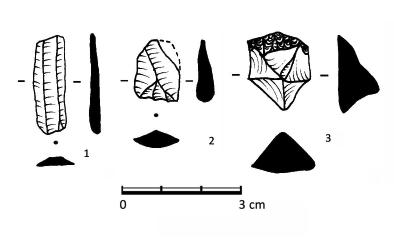 Obr. 11. Patinované štípané kamenné artefakty z lokality Kyjovice Sutny (okr. Znojmo).