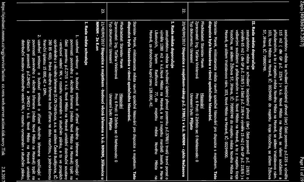 Zápis [40/RM/24.7.2017] Page 11 of 19 zastupitelstvu města ke schválení bezúplatný převod (dar) části pozemku p.č.225 o výměře 115 m2 ( dle GP p.č. 225/4 ) v kú.