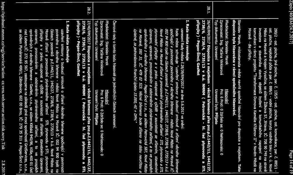 Zápis [40/RM/24.7.2017] Page 14 of 19 280/2 - ost. plocha, jiná plocha, par. č. 135/5 - ost. plocha, ost. komunikace, par. č. 885/1 - ost. plocha, neplodná půda a par. č. 886/1 - vodní plocha, koryto vodního toku v k.