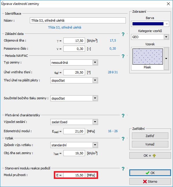 Hodnotu modulu nastavíme i pro zeminu S3.