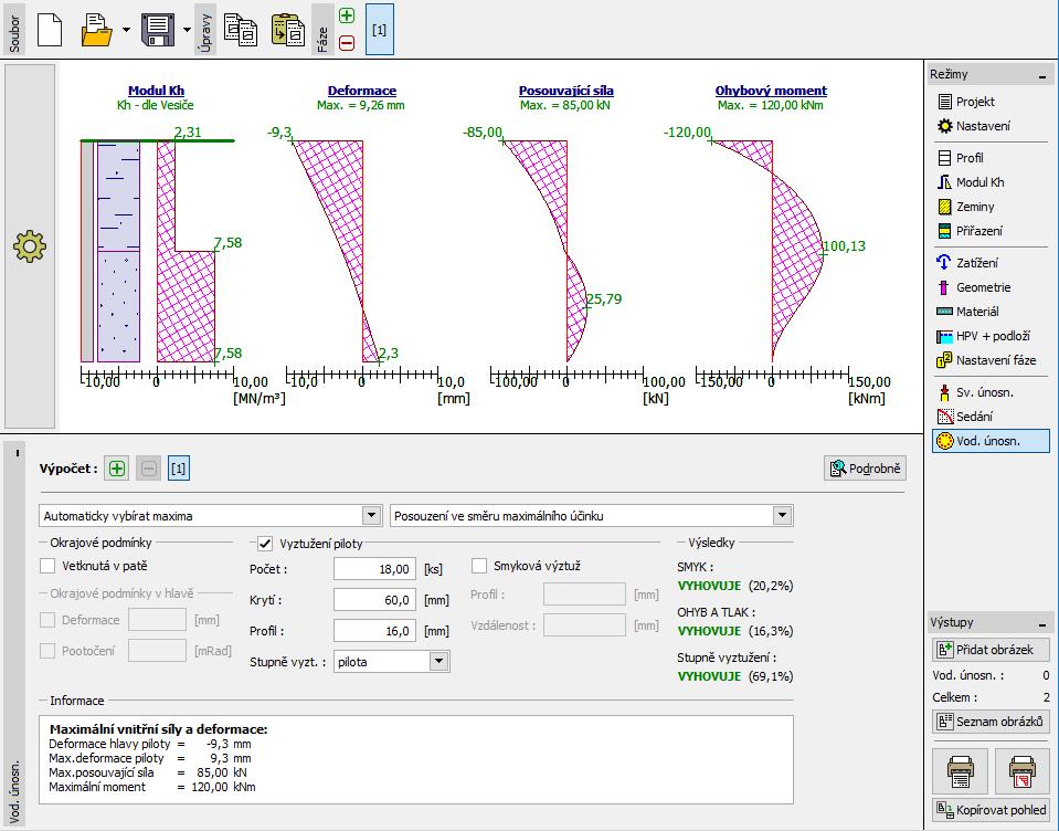 Výsledky výpočtu je nyní možné zobrazit v rámu Vodorovná únosnost.