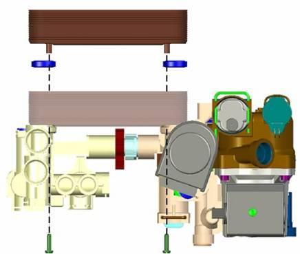 5.3. Deskový výměník teplé vody Sekundární výměník je upevněný k hydraulickému bloku pomocí dvou šroubů a mohutných plochých těsnění.