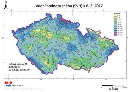 Obr. 2 Maximum vodních zásob ve sněhové pokrývce v ČR v zimní sezóně 2016/17 nastalo 6. 2. 2017.