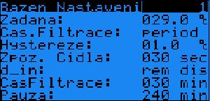 Zadana T A15-100/200 C Teplota bazénové vody požadovaná uživatelem. Hodnota: 29 Skut. T A262-99.9/99.9 C Skutečná teplota bazénové vody.