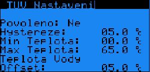 16 Teplá voda (teplá užitková voda-tuv) Hlavní nastavení pro teplou vodu. 16.1 TUV nastavení - Teplota, režim Parametr: SP Rozsah/Předn.
