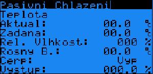 3.7 Pasivní chlazení Info Parametr: SP Rozsah/Předn. Aktuální A311-99.9/99.9 C Aktuální teplota vody měřená teplotním čidlem. Zadaná A312-99.9/99.9 C Zobrazuje žádanou teplotu vody. Rel.