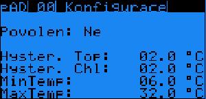 Key1F Key2F Key3F Key4F Key5F Key6F Vypnuto Zap/Vyp Mode Vlhceni Noc (Sleep) Hodiny Teplota PRG Ven Alarm Reset - Konfigurace funkcí tlačítek. 4.5 pad Konfigurace ( C) Parametr: Rozsah/Předn.