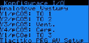 5.21 Konfigurace I/O - Analogové výstupy Parametr: SP Rozsah/Předn. Y1/pCO5 - TO1-TO6 - Nastavení analog.výstupu Y1 (0-10V). Vent. Cerp. Solar Neni Hodnota: TO1 Y2/pCO5 - TO1-TO6 - Nastavení analog.