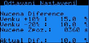 Parametr: SP Rozsah/Předn. Venku A67-99.9-99.9 Hodnota: -10.0 (d*) Diference 0% A69-99.9-99.9 Hodnota: e* Diference 100% A59-99.9-99.9 Hodnota: f* Zpozdeni aktivace I45 0-999 Hodnota: 60 (g*) C Nastavení vnější referenční teploty pro definici rozdílu pro bod B.