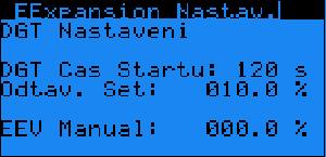 10.11 EExpansion Nastav. - DGT Nastavení 2 Parametr: SP Rozsah/Předn. DGT Cas Startu I1 0-999 Hodnota: 120 Odtav. Set A25 0-100.0 Hodnota: 90.0 EEV Manual A9 0-100.0 Hodnota: 000.