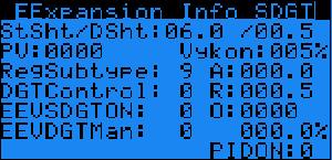10.18 EExpansion Info SDGT Parametr: SP Rozsah/Předn. StSht A181-99.9-99.9 C Žádaná hodnota přehřátí na sání DSht A8-99.9-99.9 C Žádaná hodnota přehřátí na výtlaku PV I169 0-9999 - Aktuální pozice EEV ventilu.