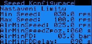 11.9 Speed Konfigurace - Nastavení Limitu Parametr: SP Rozsah/Předn.h odnota: Min Speed A455 0-100.0 Hodnota: 30.0 A456 0-100.0 Max Speed Hodnota: 100.0 AlrMinSpeed - 0-200 Hodnota:25.