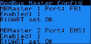 13.7 Modbus Master Configuration Listuj na Menu Protokoly Set stiskni Enter, stiskni Prg Vstup do menu: Modbus Master Config, kde se nastaví 2 Modbus Master protokoly/sběrnice použité pro pco