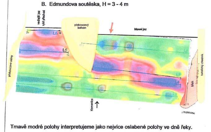 Obr. 44 Horizontální řez Tichá soutěska 3-4 m V závěrech průzkumu je uvedeno: V prostoru jednotlivých jezů byla detekována zřetelná depresní struktura, která se skládá z erozního kanálu zahloubeného