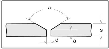 PŘÍPRAVA ZÁKLADNÍHO MATERÍÁLU Obrázek 32. Tabulka 7. s(mm) a(mm) d(mm) α ( ) 0-3 0 0 0 3 0 0,5(max) 0 4-6 1-1,5 1-2 60 V tabulce 7 jsou uvedeny hodnoty pro přípravu materiálu.