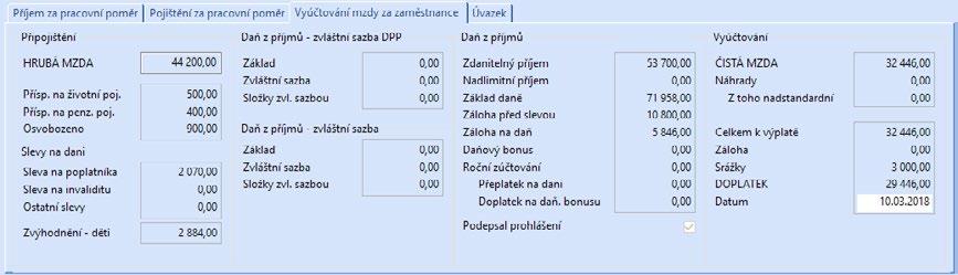 Personalistika a mzdy PAMICA Příručka uživatele 235 Vyúčtování mzdy za zaměstnance Formulář obsahuje oddíly Připojištění, Slevy na dani, Daň z příjmů a Vyúčtování.
