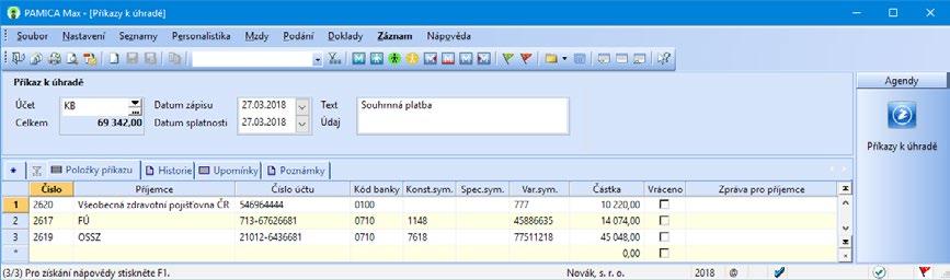 270 15 Doklady Agenda Doklady velice přehledně eviduje předání těchto dokladů pro zpracování v účetnictví.