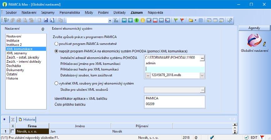 70 3 Nastavení Pokud zvolíte variantu Napojit program PAMICA na ekonomický systém POHODA (pomocí XML komunikace), musíte pro zaúčtování dokladů nejprve nastavit cestu k adresáři, ve kterém máte