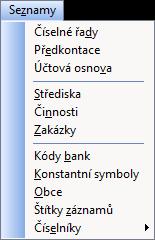 Personalistika a mzdy PAMICA Příručka uživatele 97 4 / 1 Seznamy Agendy, ve kterých se definují seznamy hodnot pro používání v jiných agendách, jsou označovány jako seznamy.