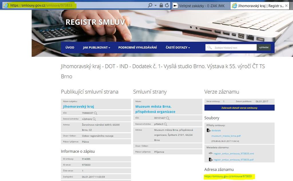 Po vyhledání záznamu příslušné smlouvy v Registru smluv můžete URL adresu zkopírovat buď z