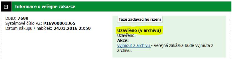 23) Tím, že ukončíte plnění smlouvy, dojde automaticky k zařazení zakázky do archivu (lze zkontrolovat v zeleném obdélníku v sekci