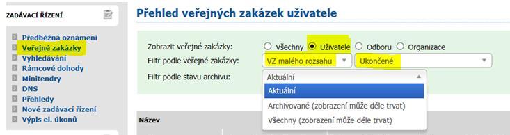 Dále využívejte dané filtry např. filtr Uživatel (zobrazí se zakázky, ke kterým jste přiřazeni jako oprávněná osoba) nebo Organizace (zobrazí se všechny zakázky Vaší organizace).