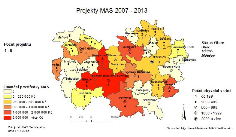 Mapa č. 1: Projekty MAS Sedlčansko v letech 2007 2013 (zdroj ČSÚ, MAS Sedlčansko) Tabulka č. 3: Obce tvořící území MAS Sedlčansko (Zdroj: ČSÚ, data k 30.6.