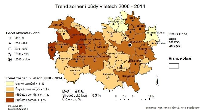 Mapa č. 22: Procentuální zastoupení zemědělské půdy v obcích MAS v roce 2014 (Zdroj ČSÚ k 31. 12. 2014) Mapa č.