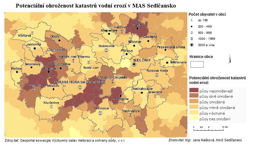 Mapa č. 25: Potenciální ohroženost katastrů vodní erozi v MAS v roce 2014 (Zdroj Geoportál sowacgis Výzkumný ústav meliorací a ochrany půdy, data k 31.12.2014) Tabulka č.