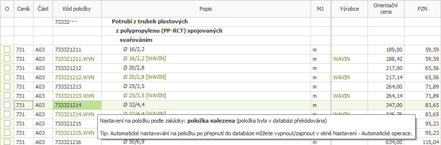 Při přepnutí z položky staršího rozpočtu (2017) do nové databáze 2018/I se program nastaví na položku s novým kódem. Položku zároveň podbarví zeleně a upozorní, že byla v databázi překódována.