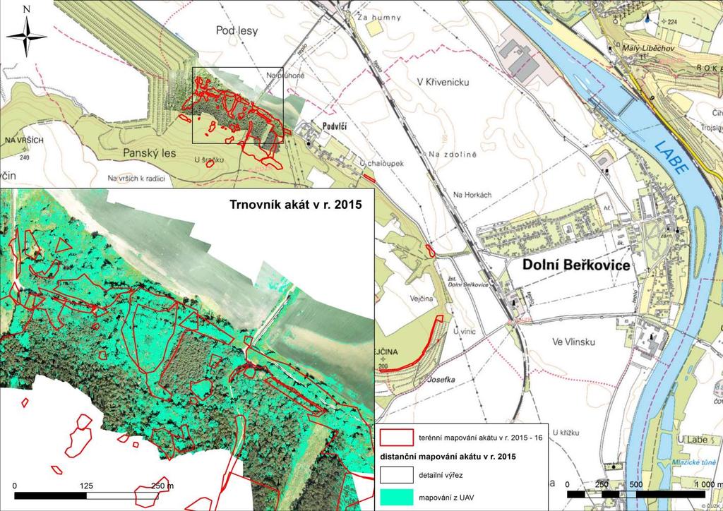 Mapa 6 Mapa výskytu invazního trnovníku akátu na lokalitě Podvlčí Distanční data dálkového průzkumu r. 2015 bezpilotní snímek (UAV) pořízený 6. 6. 2015 Metoda zpracování pixelově orientovaný přístup - klasifikace pomocí algoritmu Support Vector Machines, bližší popis viz Müllerová et al.