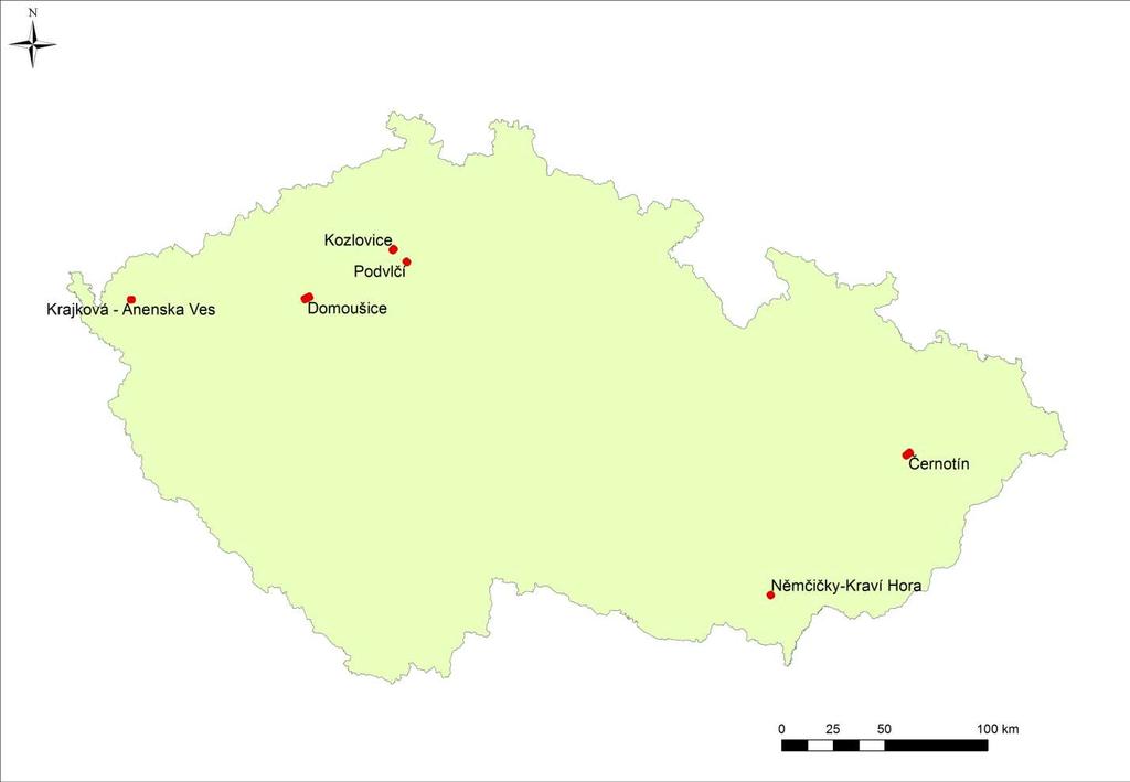 Mapa 1 Přehled zájmových území Popis lokalit: 1. Černotín (Přerovsko) křídlatky (k. česká, japonská a sachalinská) 2.
