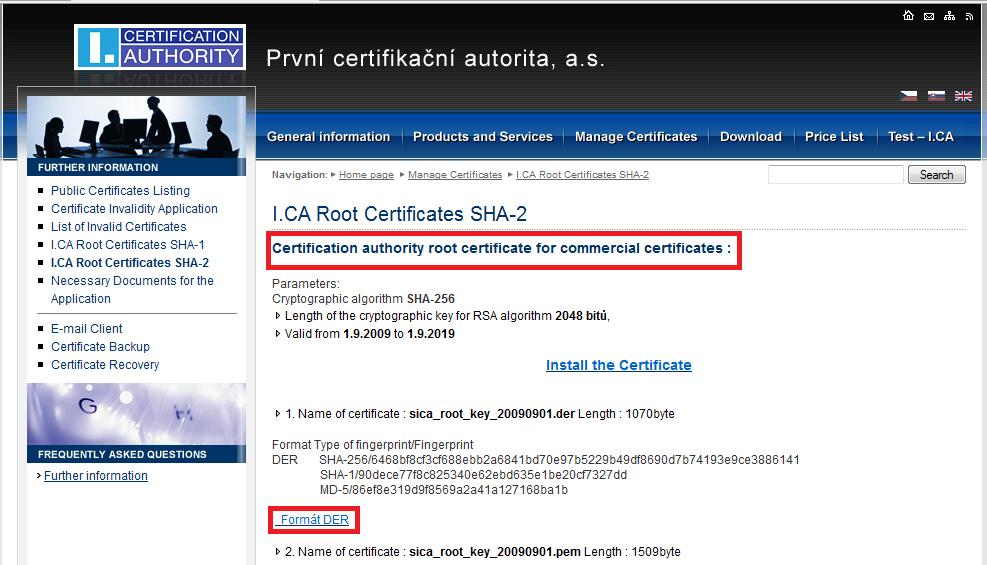 Pod nadpisom Koreňový certifikát certifikačnej autority pre vydávané komerčné certifikáty kliknite na Formát DER.