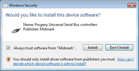 Zaškrtněte poličko Always trust software from Midmark (Vždy důvěřovat softwaru od společnosti Midmark) a klikněte na tlačítko Install (Instalovat).