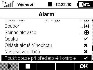 To zaktivuje alarm pouze bezprostředně po změně modelu nebo v případě zapnutí vysílače.