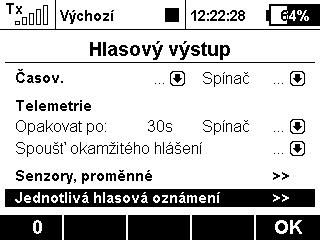 Rozšířené hlasové výstupy V menu Časovače/Senzory Hlasový výstup můžete zvolit až 4 nezávislé telemetrické proměnné, které budou
