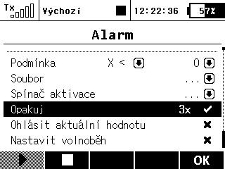4) Nyní je možné nastavit trojnásobné opakování hlášení alarmu ze senzoru. V menu Časovače/Senzory Alarmy vytvořte nový alarm, zvýrazněte položku Opakuj a dvakrát stiskněte 3D tlačítko.
