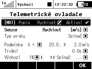 Telemetrické ovladače (Pokročilá nastavení Telemetrické ovladače) Přehled telemetrických Režim Spínač Režim Proporcionální ovladač ovladačů Tato funkce posouvá možnosti telemetrie systému Duplex o