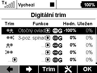 4. Digitální trimy (Jemné ladění Digitální trimy) nyní mohou pracovat ve dvou dalších nezávislých režimech: Emulace třípolohového momentového přepínače s centrováním horní, resp.