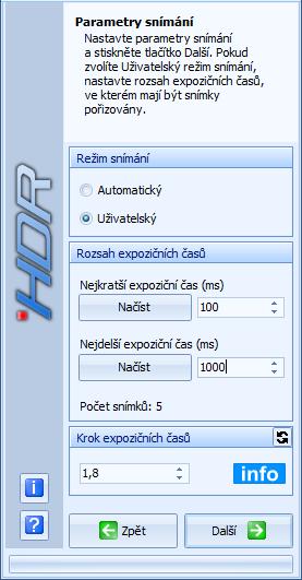 Spuštění modulu a volba zdroje snímků ke sloučení Popis ovládacích prvků okna Parametry snímání Režim snímání V horní části okna je možné zvolit Režim snímání.