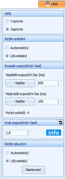 Použití modulu HDR 2.0 s digitálními kamerami PROMICAM Popis ovládacích prvků záložky HDR V horní části záložky je možné zapnout / vypnout použití této funkce.