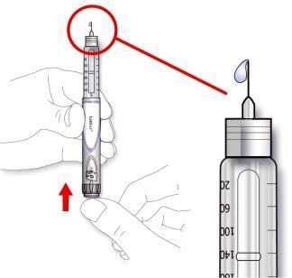 E. Úplně stlačte injekční tlačítko. Zkontrolujte, zda inzulín vytéká z hrotu jehly. Možná budete muset opakovat kontrolu bezpečnosti několikrát, dokud se neobjeví inzulín.