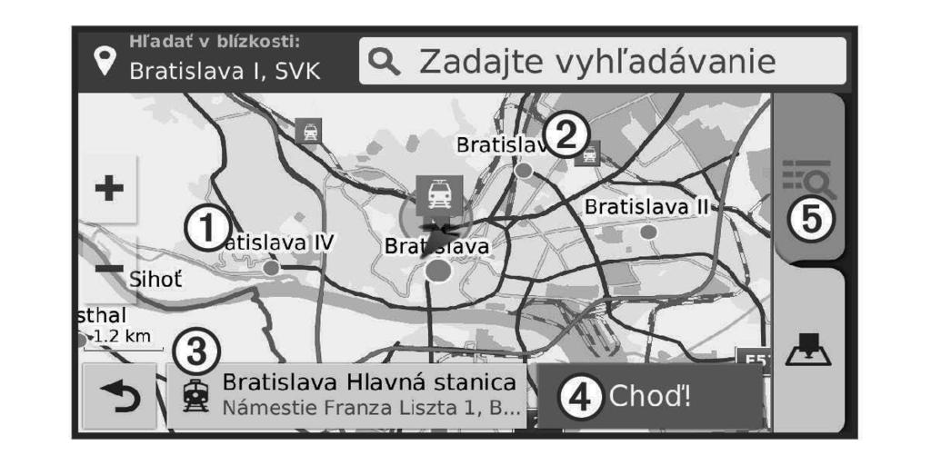 Výberom zobrazíte podrobné informácie o vybranej polohe. Výberom vyhľadáte parkoviská v blízkosti danej polohy. Výberom zobrazíte alternatívne cesty k polohám.