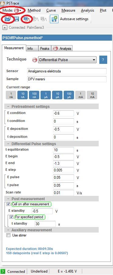 Nastavení parametrů měření Přepneme do analytického módu ( Analytical Mode ) pomocí volby Mode, který umožňuje provádět stanovení metodou kalibrační přímky nebo standardního přídavku.