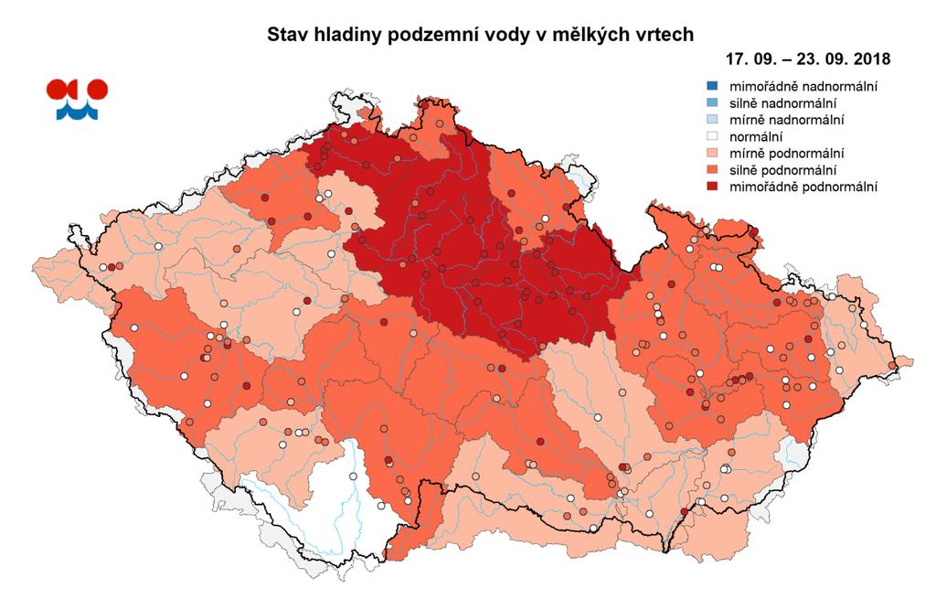 Aktuální stav podzemních vod Silné až mimořádné sucho je na 65 % objektů, nejvíce v povodí Orlice, Labe po Jizeru, Jizery a Ploučnice.